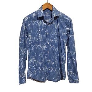 Bugatchi UOMO Shaped Fit Blue White Abstract Dress Shirt M